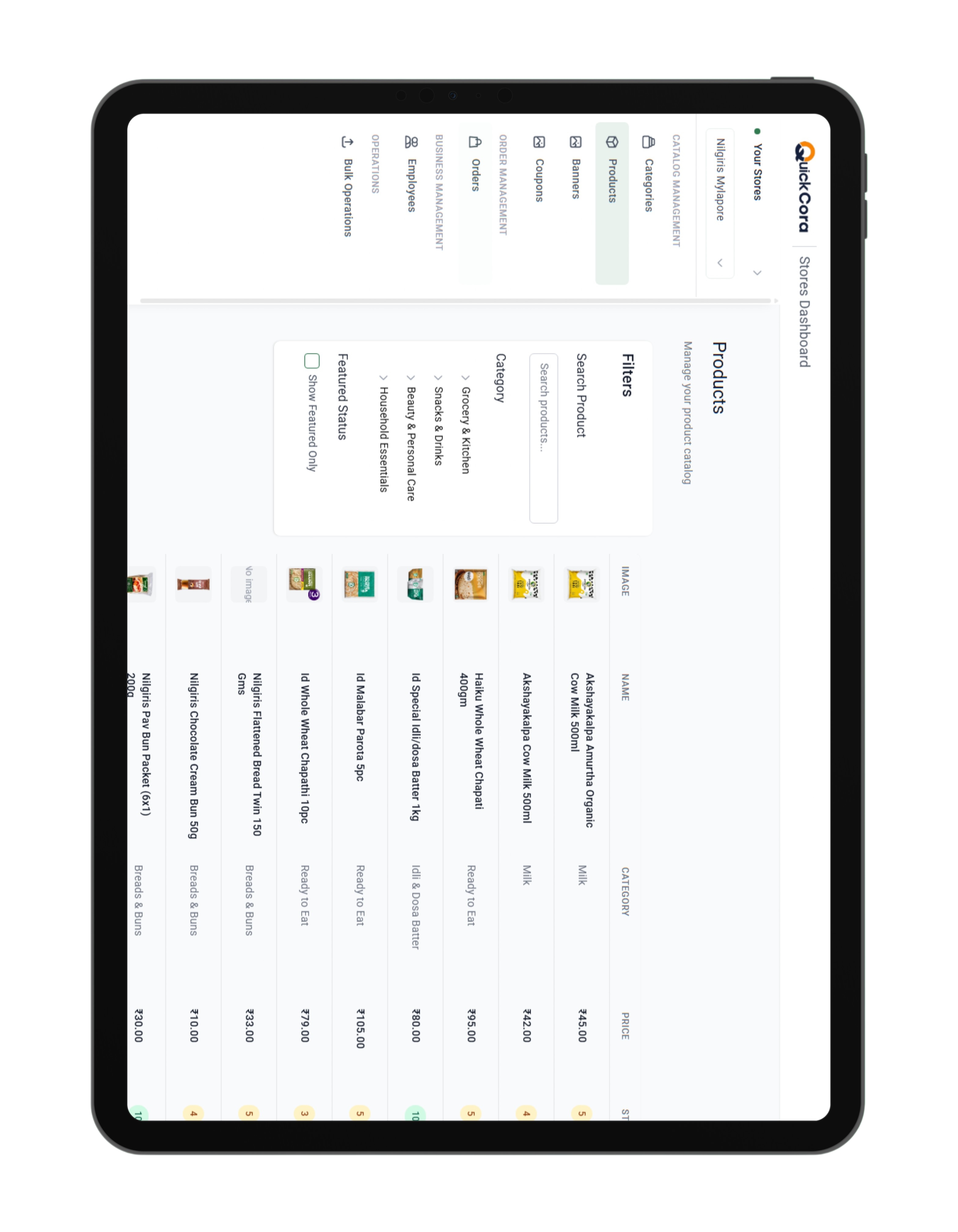 Admin dashboard view with product management