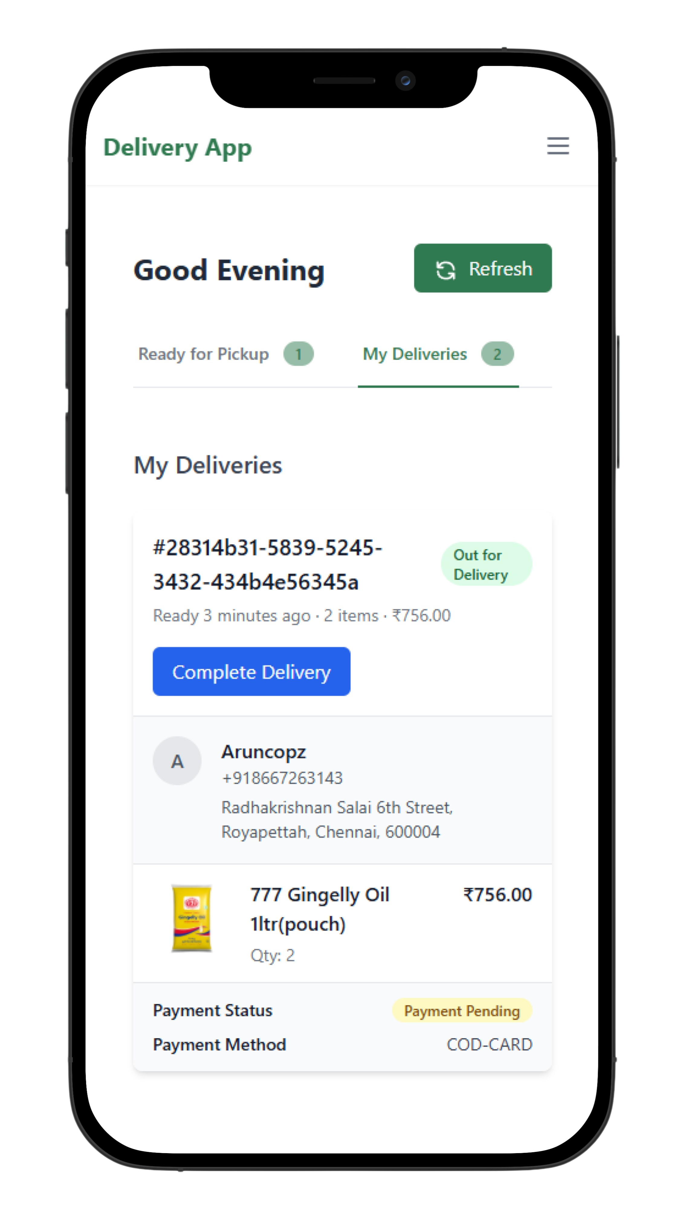 Delivery boy app receiving an order